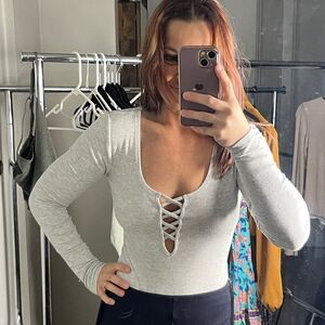 Forever 21 Ribbed V Neck Long Sleeve Bodysuit Grey Size Small